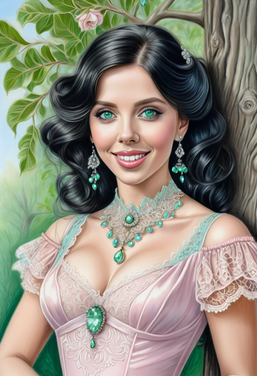 A colored pencil sketch of a beautiful victorian women who is a mash up of Scarlett Johanson. Light Pink and Light blue dress. Green Eyes, Wide innocent smile, lace, jewels, large eyes, filligree. Pitch black hair. She is litting seductively under a live oak tree.