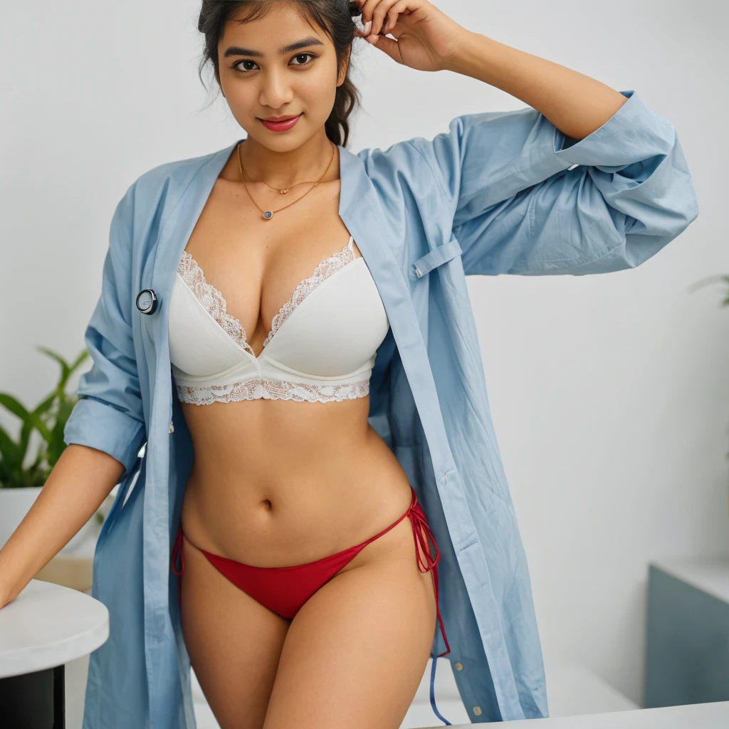 extreme close up photo of 25 years old qmadhu as a doctor wearing stethoscope with white doctor scout jacket on blue lace lingerie in hospital, hourglass figure, swooping breasts, deep cleavage, erotic standing hold onto a table with wide open spread legs, seductive eyes, sultry, look at viewer lusciously, subtle smile, red lips, ponytail, necklace, 4K, HD