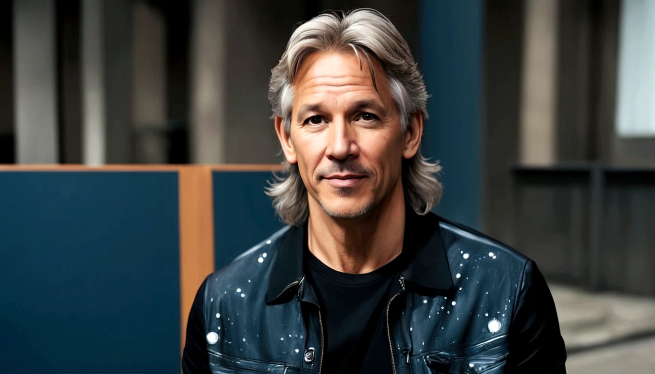 a man called lineker, 50 years old, he has a face similar to Jon Bom Jovi, he has light hair, brown eyes, black blouse, black pants, black sneakers, facing away from the camera