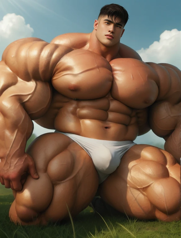 1boy, giant, model shoot style, staring, sunny light, strong body, bulk, large size, sweaty & wet, at the large meadows, nude, white triangular underwear, prominent bulge, very big, brutalmass, giant, muscular body, bulk, massive body, large meaty body size,