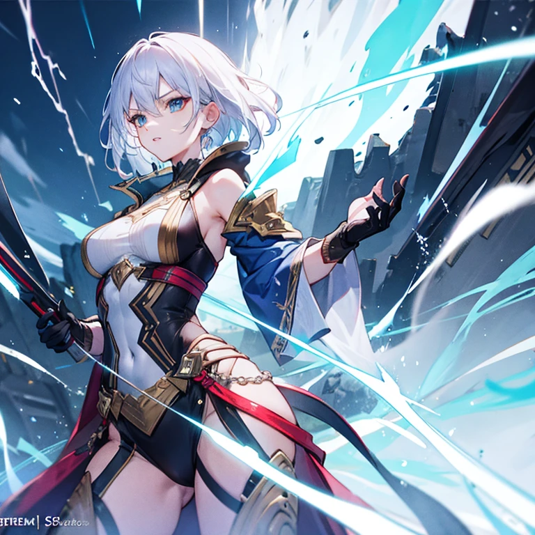 **238. One person。Thunderous female warrior fight scene。Storm-ravaged castle in the sky。Cowboy shot or close-up。
masterpiece, best quality, ultra detailed (Detailed fingers), (Emotional), (Breathtakingly beautiful),
(main part: 1.2 Whole body。), (Anime Style), (Very detailed), (Control the power of lightning),
(超High resolution, High resolution), (8k), (High resolution: 1.2), (Complex and beautiful: 1.2)**
- background: A thundering castle in the sky、Lightning flashes in all directions。
- Thunderous Warrior: Wearing steel armor、Control the power of lightning少女、Holds a lightning spear。
-pose: Swing the spear down、The moment that spurred the thunder。
-expression: Strong determination and a sharp gaze、Lightning-fast movement。
- Effects: The lightning from the spear pierces the enemy.、Instant destruction effect。
-color: Silver and blue lightning colors、A contrast that symbolizes the strength and overwhelming force of lightning.。