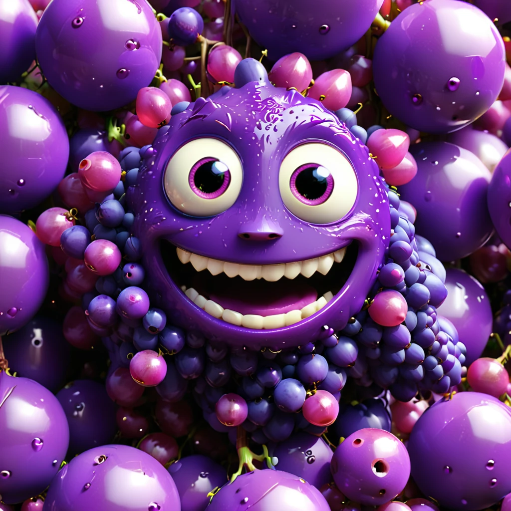 A cute grape monster with big eyes and a body made of many small purple spheres, happily smiling. The cartoon character is designed in the style of Pixar animation studio, created using C4D software. It has an adorable purple color scheme and showcases a playful expression. This vibrant scene adds humor to your mobile phone wallpaper. --ar 1:1 --v 6.0 --3D render