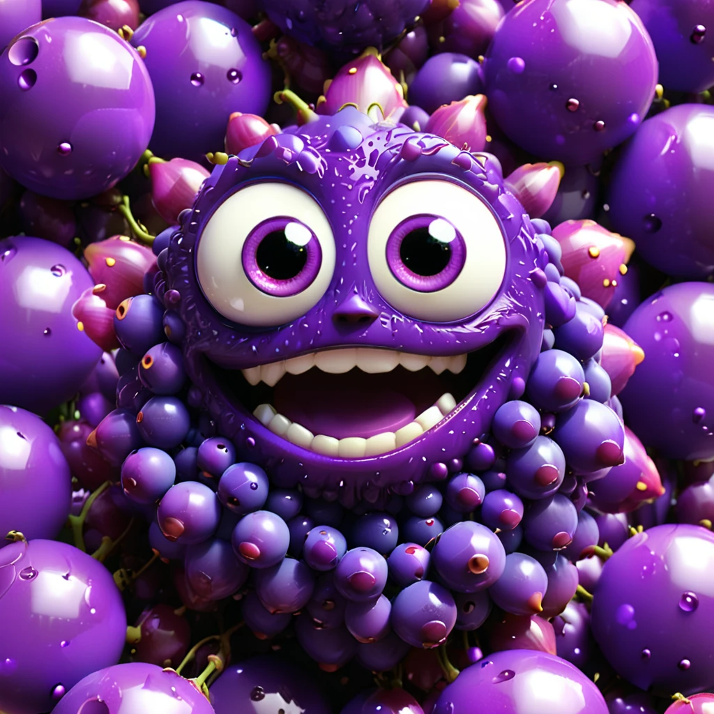 A cute grape monster with big eyes and a body made of many small purple spheres, happily smiling. The cartoon character is designed in the style of Pixar animation studio, created using C4D software. It has an adorable purple color scheme and showcases a playful expression. This vibrant scene adds humor to your mobile phone wallpaper. --ar 1:1 --v 6.0 --3D render