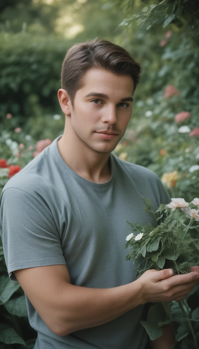 Young cute handsome white skinny angelic face shirtless naked flower in his hand in a beautiful garden place