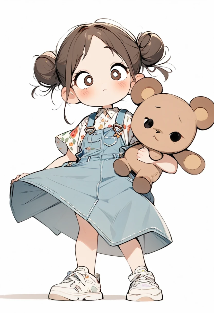 (masterpiece, best quality:1.2), cartoonish character design。Pure white background，1 girl holding a teddy bear, alone，big eyes，cute expression，Two hair buns，Floral shirt，Overalls，White sneakers，stand，interesting，interesting，clean lines