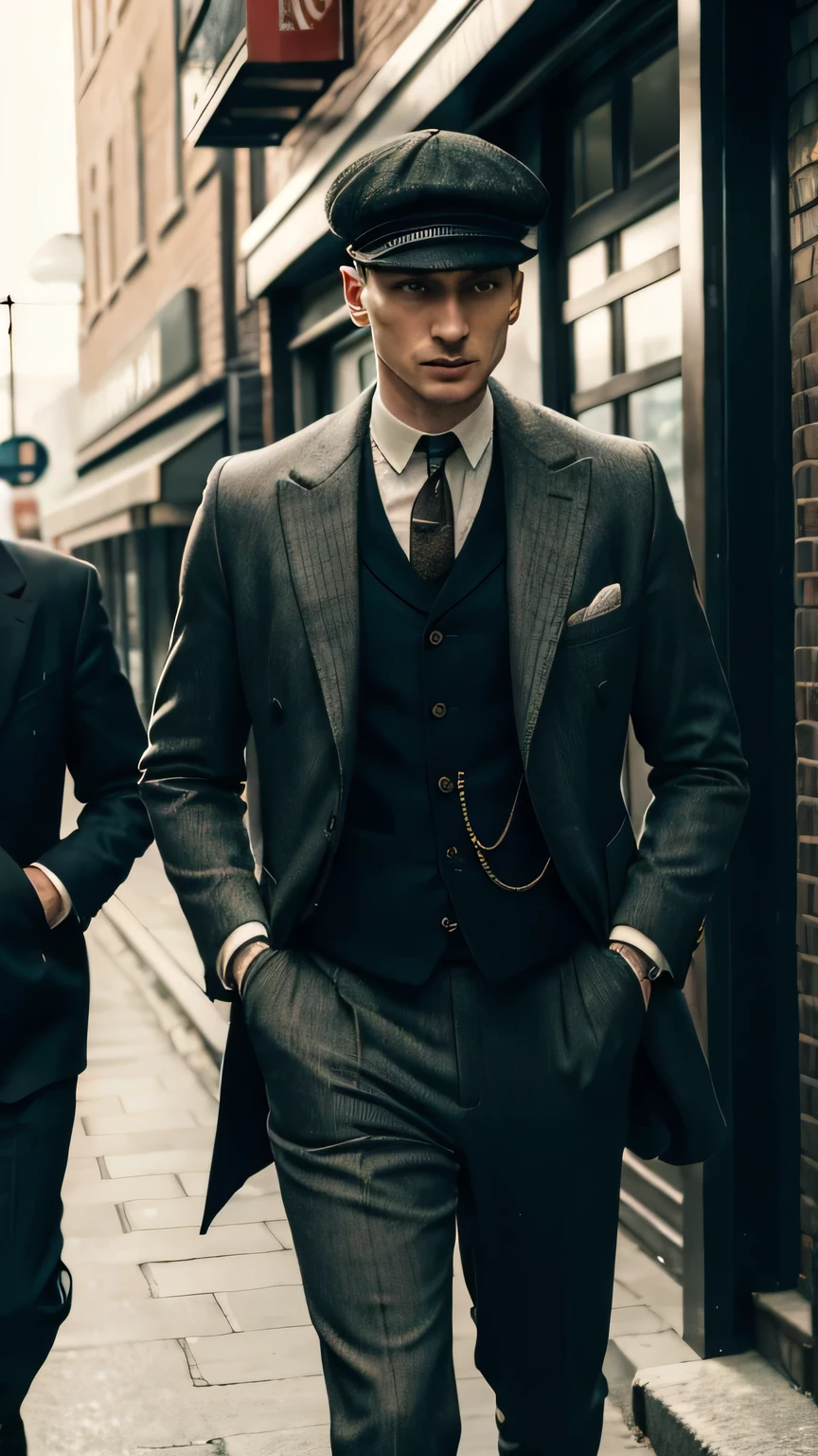 Man Thomas Shelby from Peaky Blinders walking down a street in the city of the series and people attacking him with words, gritando com ele.