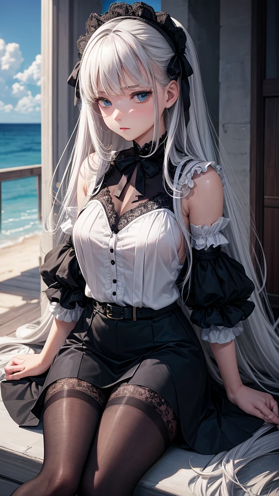 Siesta has chin-length white hair, Birkin bangs, and sky blue eyes. She also pins several bobby pins to the right side of her hair and wears a simple belt. His attire is monochromatic, consisting of an unbuttoned gray jacket, closed at the top with a red bow; a black blouse underneath; and a gray skirt with ruffled fabric underneath and suspended lace above. Siesta wears black pantyhose and Mary Janes. Her outfit is very reminiscent of the gothic lolita aesthetic.