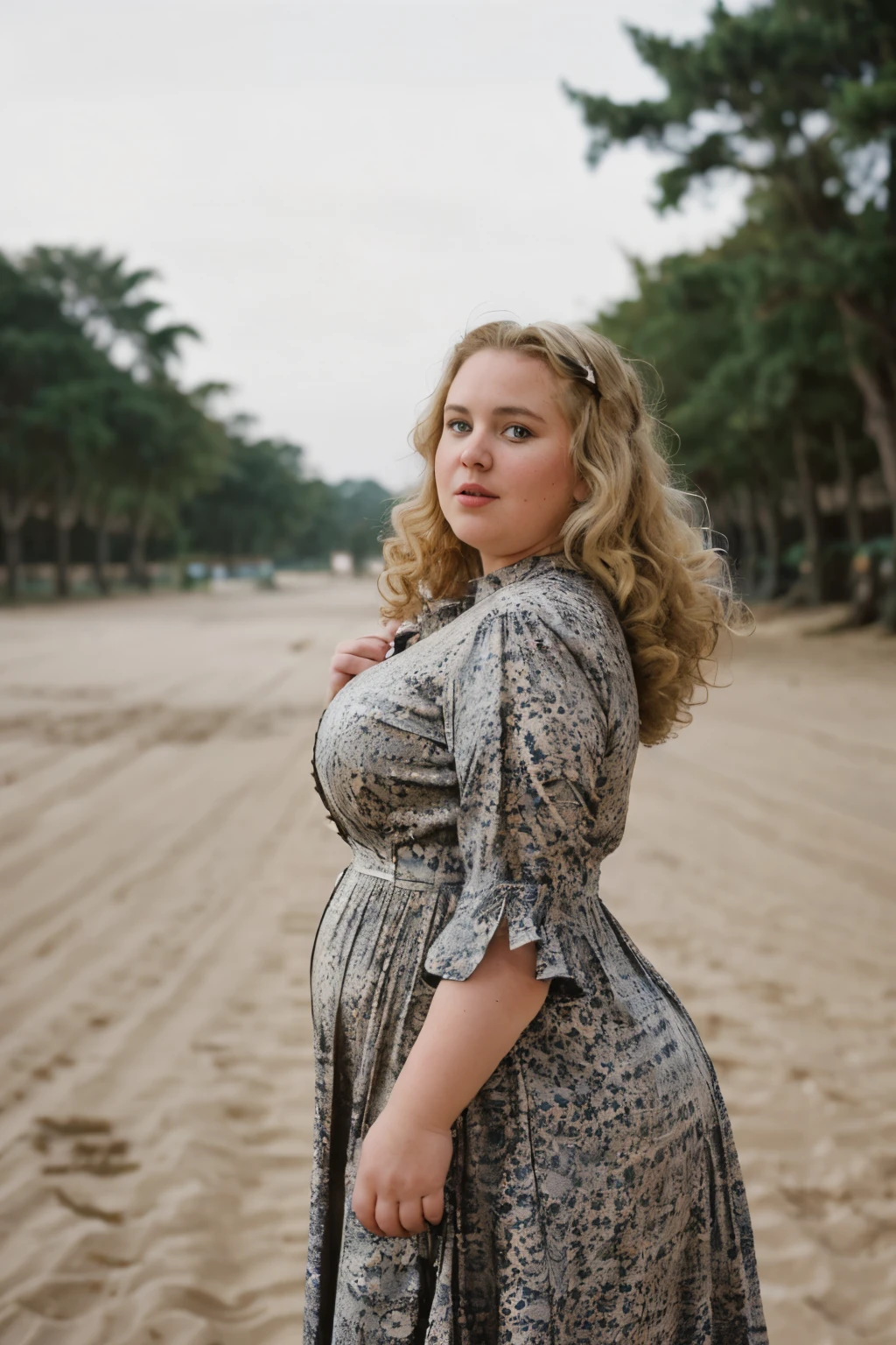 cinematic photo, fat woman with sandy blonde voluminous curls wearing a dress, 35mm photograph, film, bokeh, professional, 4k, highly detailed 