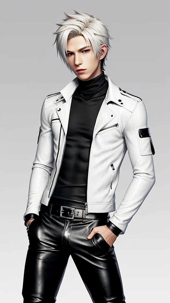 Final fantasy taste and reality graphics, Japanese young cute and cool ikemen boy, his age is early 20s, thin eyebrows and beady eyes, he wearing off white color leather thick singlebrest biker jacket, with epaulet, jacket zipped up, jacket is biker style, , jacket collar is high length stand-up collar with belts, jacket is a little black line pattern,close the front of the jacket, also wearing black thick turtleneck lackluster shirts, tight black leather pants, shiny black leather tight and thin glove, black leather knee-high raceup boots,views head-to-toe,views whole body, boy looks like fashion model,Do not show skin from the neck down,leather jacket leather glove and leather pants have few wrinkles,boy in the room,