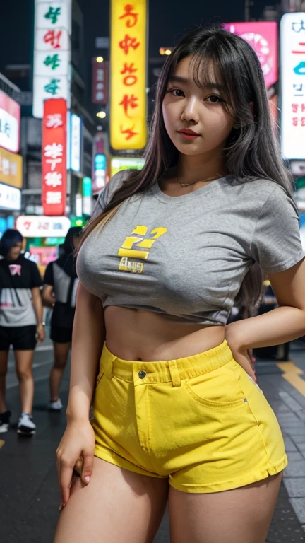 21yo South Korean girl, gray hair, wearing yellow t-shirt, white short pants, natural big breast, show big thigh, plump body. posing amidst the vibrant neon lights of Seoul.