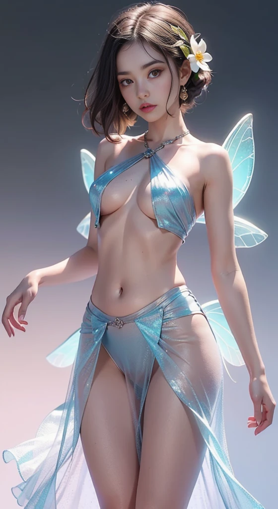 luminescent, realistic photography, Desi woman, glass hour body, sheer tight mini bikini skirt, camel toe, poke, flash, fantasy wonderland background, stardust falling, glowing little butterfly,