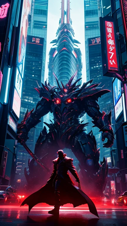 AI Art、A boss monster that appears against the backdrop of a futuristic landscape that represents Shinjuku Ward, Tokyo, Japan.、The boss monster is ready to attack.