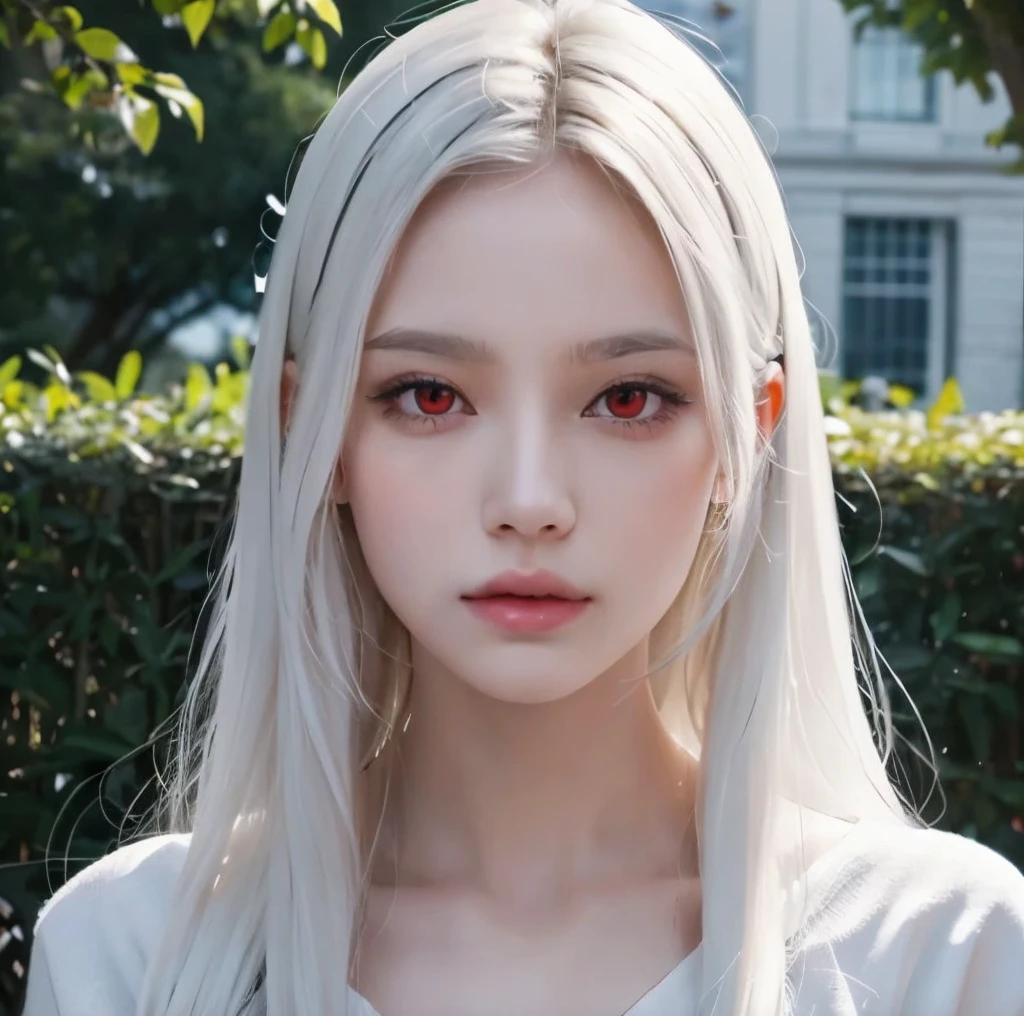 Detailed. Masterpiece. Top quality. Girl with white hair and red eyes. Pretty girl.doll girl. 16 years. Long hair. White skin.