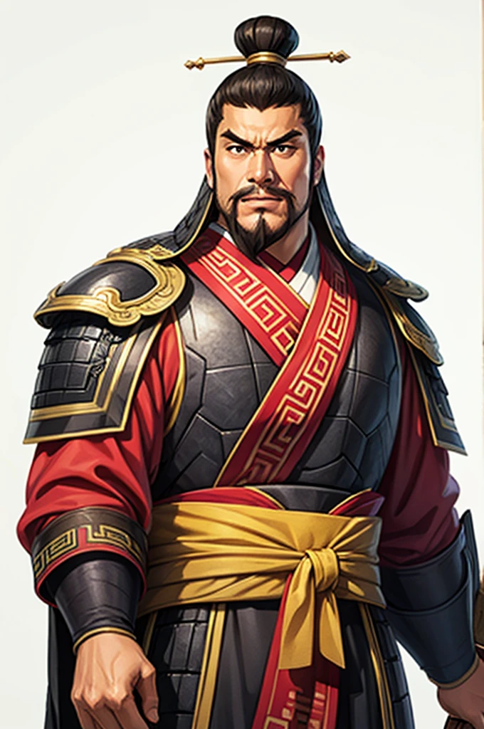 white background, 1 male,Three Kingdoms killing style:1.0,ancient Chinese background,attentive face, High image quality,masterpiece,best quality,ultra high resolution, General, black heavy armor, pitching, no beard