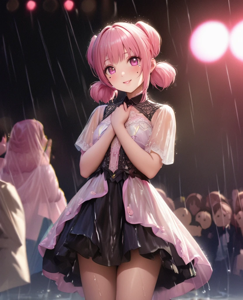 One Girl、Looking at the audience、lovely,
Beautiful pink eyes、short twin tail hair , Mole under the eye、Plump and glossy lips、Heart-shaped choca、Idol、Her name is Rico,smile、ー、。.。.。.。.。.。.。.。.。.。.。.。.。.。.。.。.。.。.3D、Realistic、
The idol's costume was soaked in the heavy rain, and her chest was wet and transparent.Heavy rain at outdoor concert, Drape clothes、gem、The decoration has been removed、Floral、Lace trim,On a glittering stage、
masterpiece、highest quality、8k、Detailed skin texture、Detailed cloth texture、Beautifully detailed face、Intricate details、Very detailed、
超A high resolution、8k Ultra HD、Film Grain、Best Shadow、delicate、Gazing at the audience、front