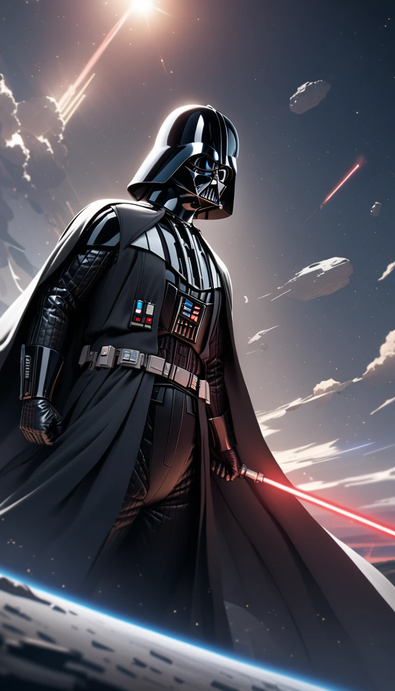 (best quality, masterpiece, colorful, dynamic angle, highest detailed) Darth Vader with a red and blue lightsaber, a clear feeling of the struggle between darkness and light, behind him are the stars, space, galaxy