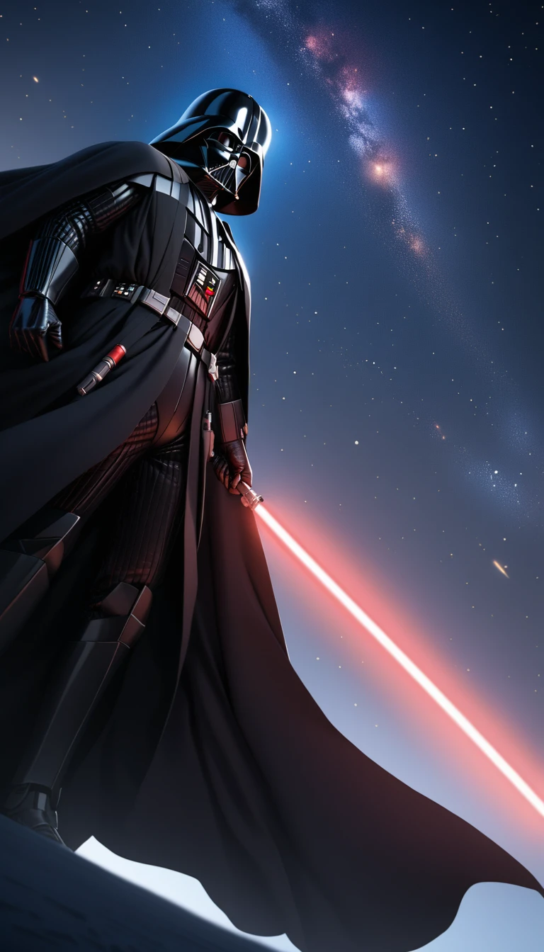 (best quality, masterpiece, colorful, dynamic angle, highest detailed) Darth Vader with a red and blue lightsaber, a clear feeling of the struggle between darkness and light, behind him are the stars, space, galaxy