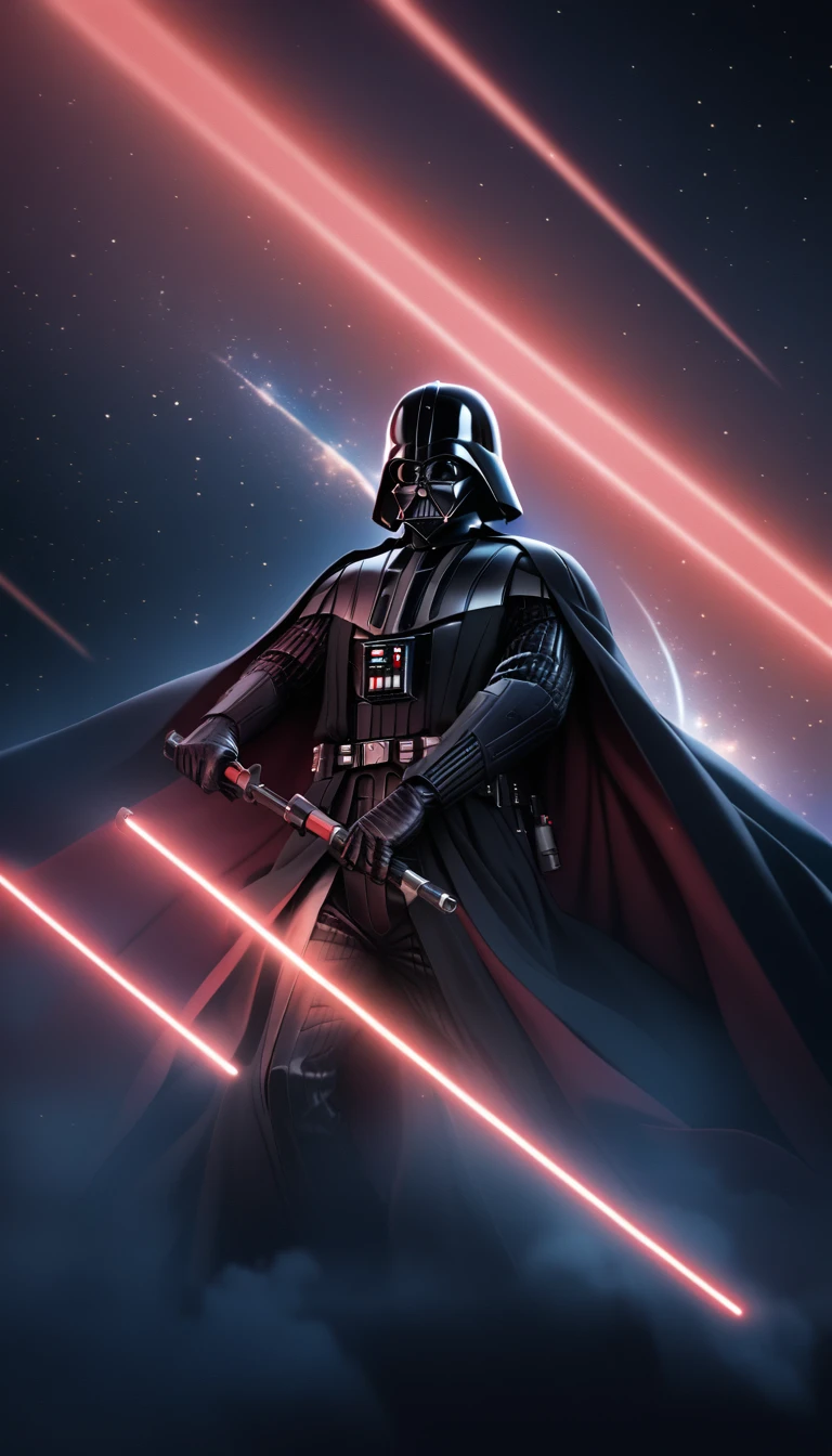 (best quality, masterpiece, colorful, dynamic angle, highest detailed) Darth Vader with a red and blue lightsaber, a clear feeling of the struggle between darkness and light, behind him are the stars, space, galaxy