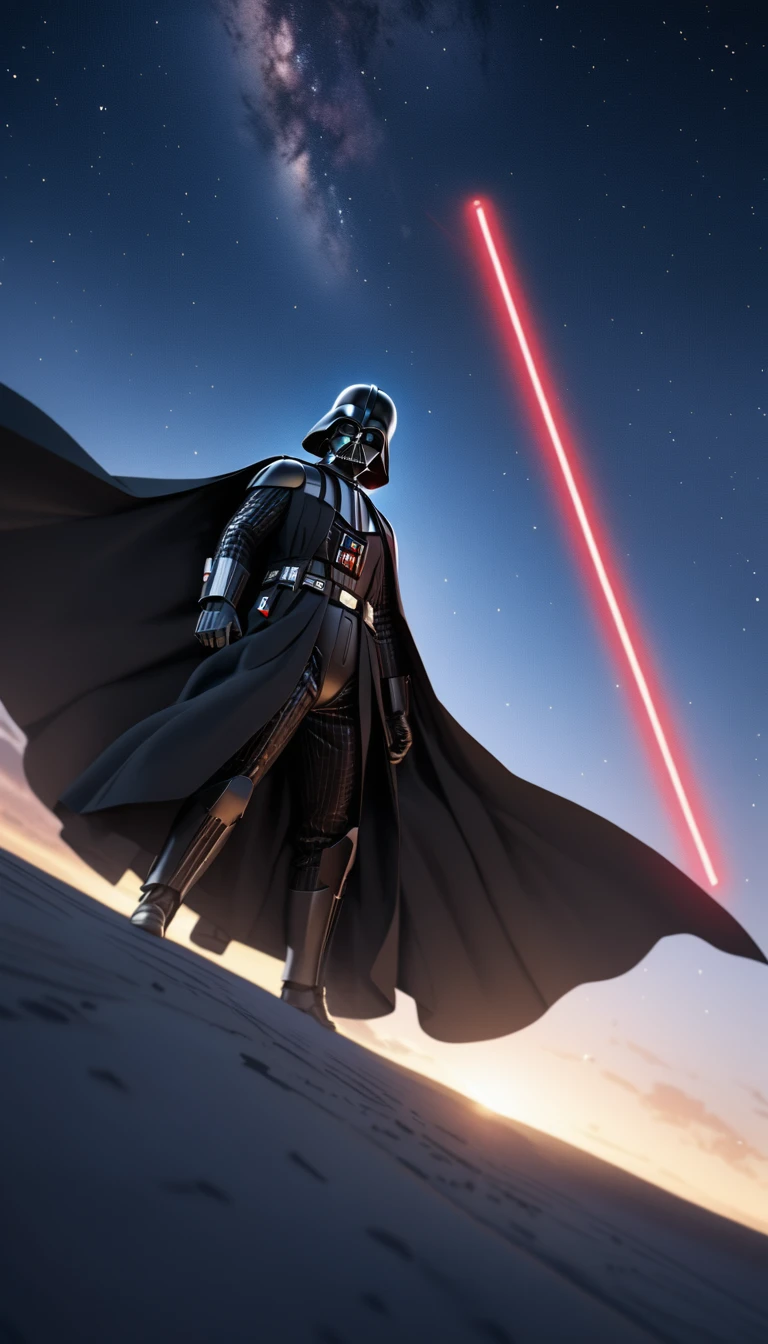 (best quality, masterpiece, colorful, dynamic angle, highest detailed) Darth Vader with a red and blue lightsaber, a clear feeling of the struggle between darkness and light, behind him are the stars, space, galaxy