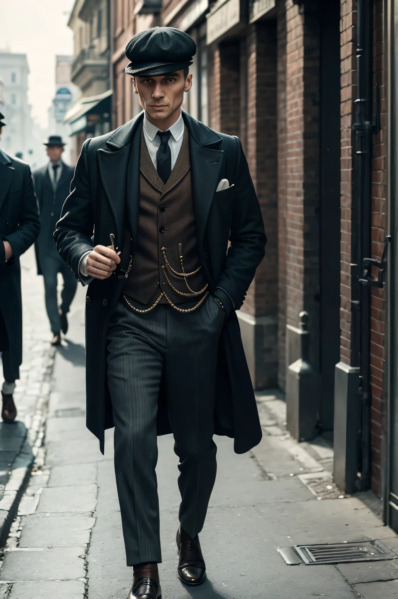 Thomas Shelby-style man from Peaky Blinders walking down a city street from the series.