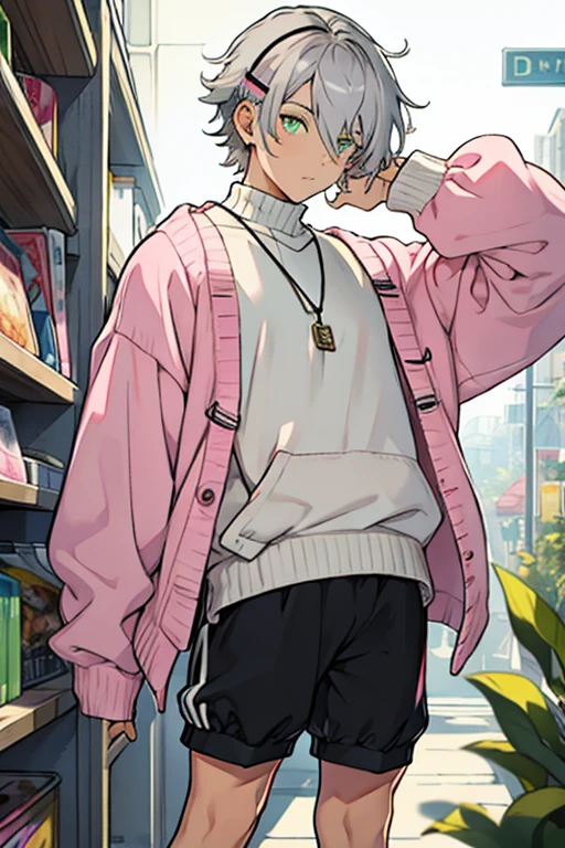 Young man gray hair one green eye and one pink eye with hair clips in hair white sweater black shorts