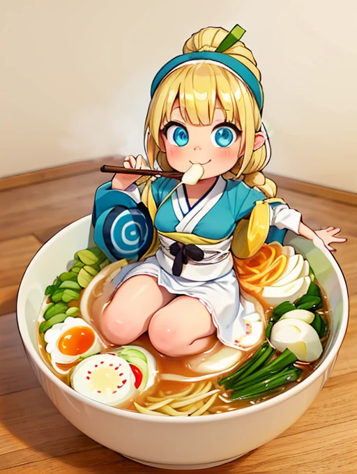 1girl,Allein,Blaue Augen,lange blonde Haare,vorne geflochten,Smile,Full body,Schenkel,medium breasts,traditionelle koreanische Kleidung,minigirl, in Lebensmitteln,in the container,in a ramen bowl,Suppe, Ramen, Nudeln,Ei,Fleisch,Spring onion,teilweise untergetaucht,Sweet,Dampf,koreanischer Hintergrund,keine Schuhe,eating from the bowl with chopsticks