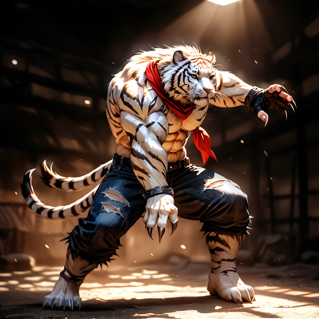 A highly muscular, athletic anthro white tiger, wearing torn jeans and no shirt, fingerless gloves, and a red bandana, in a fierce fighting pose, with large sharp wolverine-like claws, hyper detailed, photorealistic, 8k, cinematic lighting, dramatic shadows, vibrant colors