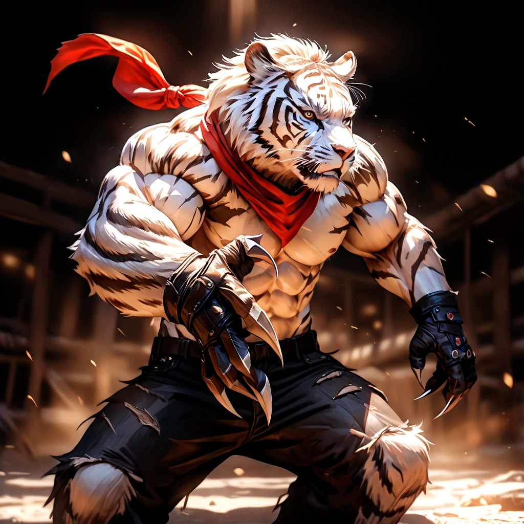 A highly muscular, athletic anthro white tiger, wearing torn jeans and no shirt, fingerless gloves, and a red bandana, in a fierce fighting pose, with large sharp wolverine-like claws, hyper detailed, photorealistic, 8k, cinematic lighting, dramatic shadows, vibrant colors