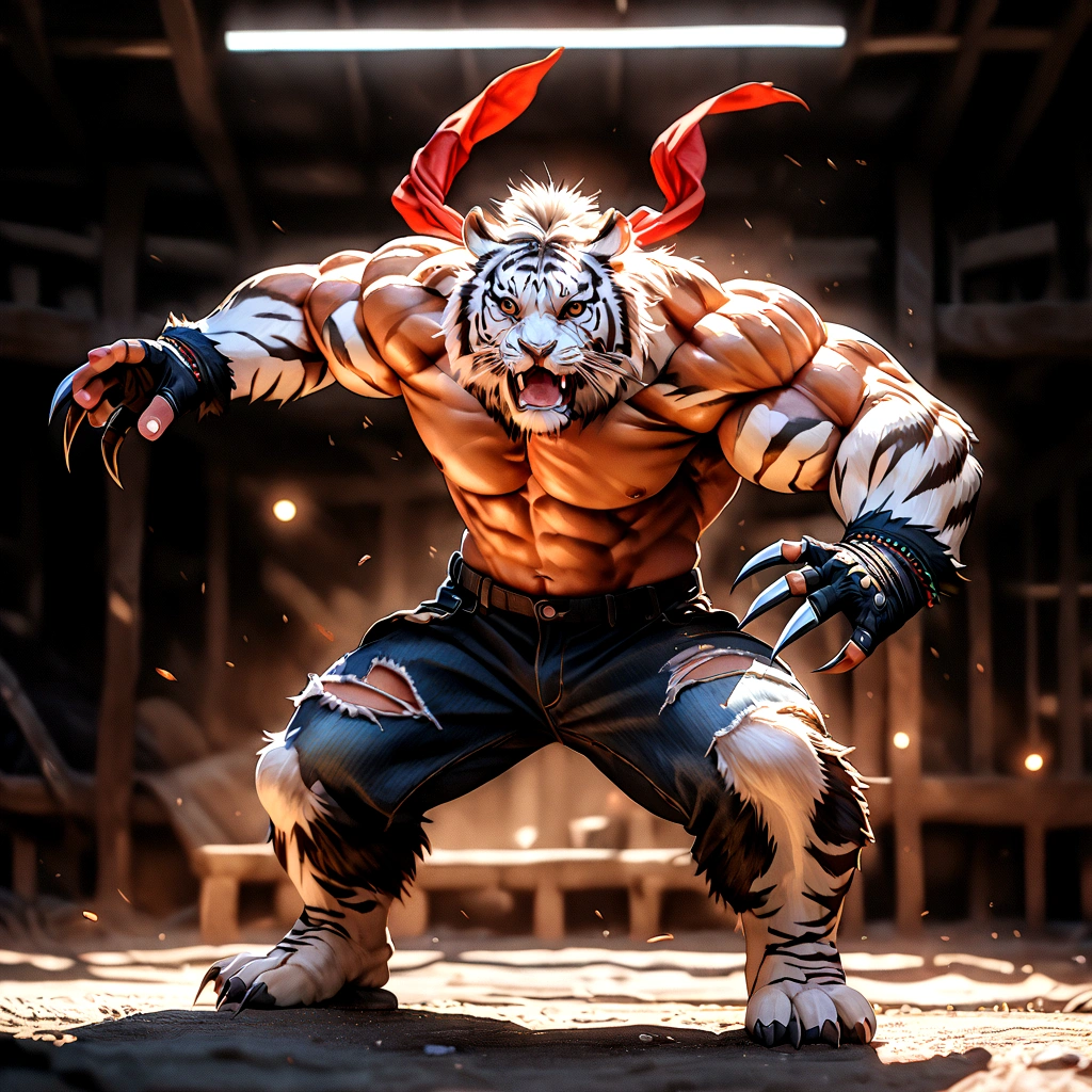 A highly muscular, athletic anthro white tiger, wearing torn jeans and no shirt, fingerless gloves, and a red bandana, in a fierce fighting pose, with large sharp wolverine-like claws, hyper detailed, photorealistic, 8k, cinematic lighting, dramatic shadows, vibrant colors