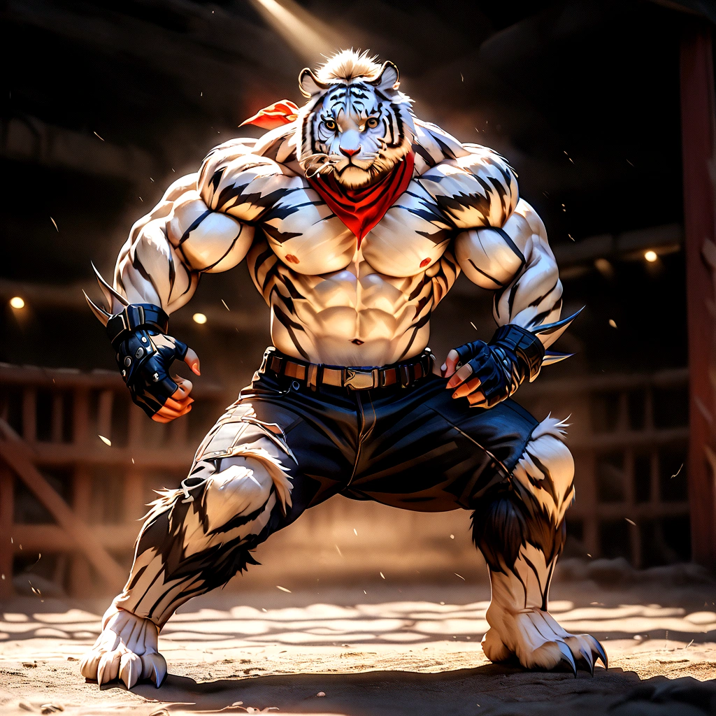 A highly muscular, athletic anthro white tiger, wearing torn jeans and no shirt, fingerless gloves, and a red bandana, in a fierce fighting pose, with large sharp wolverine-like claws, hyper detailed, photorealistic, 8k, cinematic lighting, dramatic shadows, vibrant colors