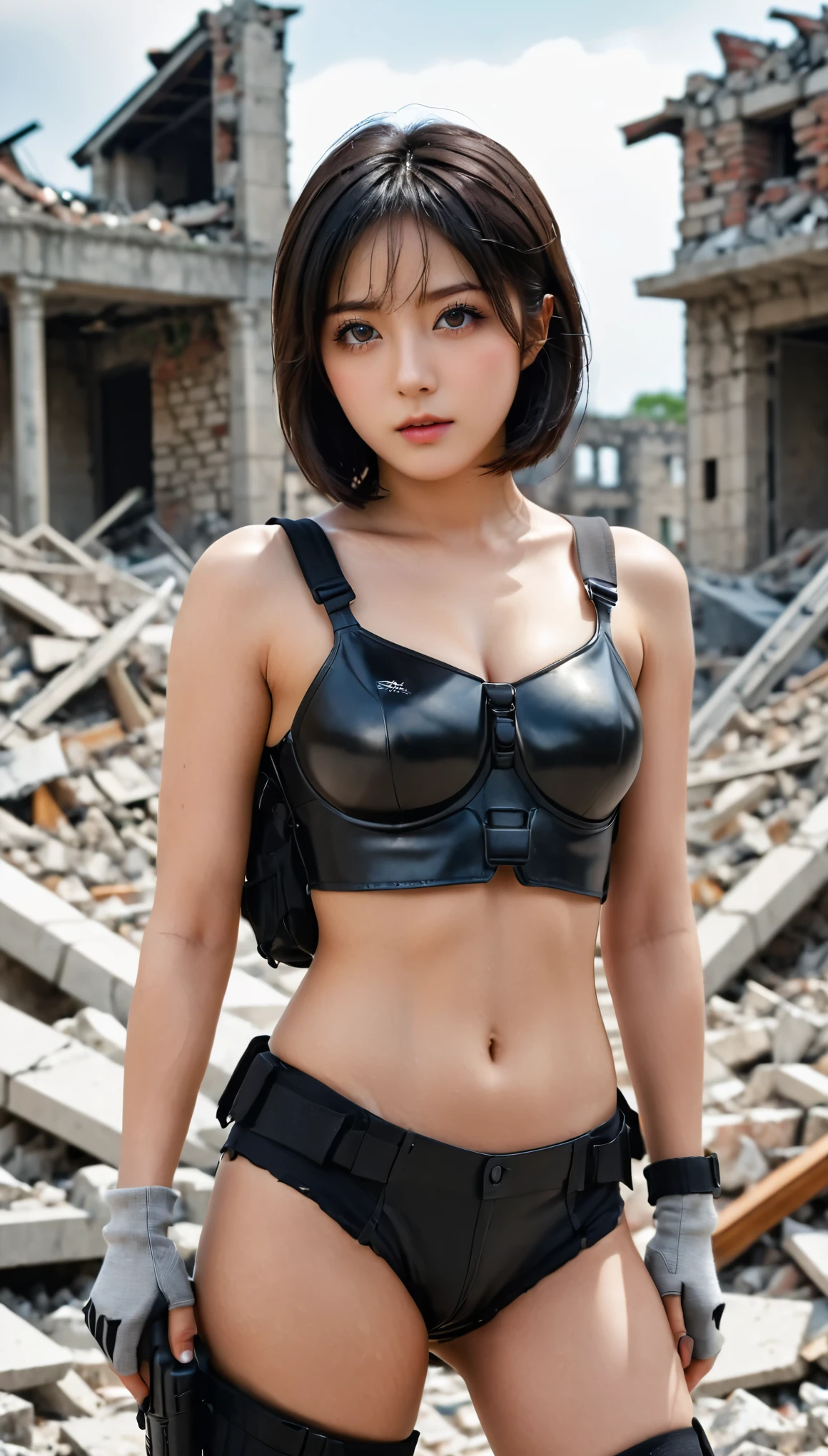 ((masterpiece)),((highest quality)),((High resolution)),((Very detailed)),Female,25 years old,Woman,Japanese,Dark hair,Short bob,Beautiful eyes,Long eyelashes, Beautiful hair, beautiful skin, serious, BREAK (((pointed gun))), handgun, topless, combat boots, black tactical Forster, tactical helmet, (the background is the rubble of the ruins), (( (Background blur)))