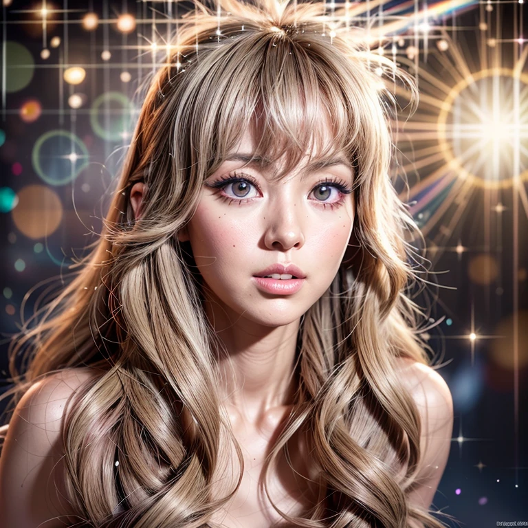 NSFW, 8k, High-level, absurd, masterpiece, best quality, primitive, very detailed CG, very detailed wallpaper, perfect lighting, Extremely detailed ((( personifying " Farrah Fawcett Majors " as a ))), MysticSight, Tyndall effect, Tyndall scattering,udio gray background with (Overflowing oodles Dazzling RainbowColorParticles (BokeH))), (RoundlyButts, ThighGap), (Exposed:0.4), (Assfocus with ling ahead) BREAK (Acutance:0.88), (NOGIZAKA face variations) Extremely Detailed very KAWAII face variations, perfect anatomy, Childish, Captivatze ElaboratePupils detailed Eyes with (sparkling highlights:1.28), (Voluminous LongEyelashes、GlossyRED Lips with beautiful details, RosyCheeks, Radiant PearlSkin with Transparency . { (Dynamic LifeLike expressions:1.4) | :d) }, (large eyes:-1) .