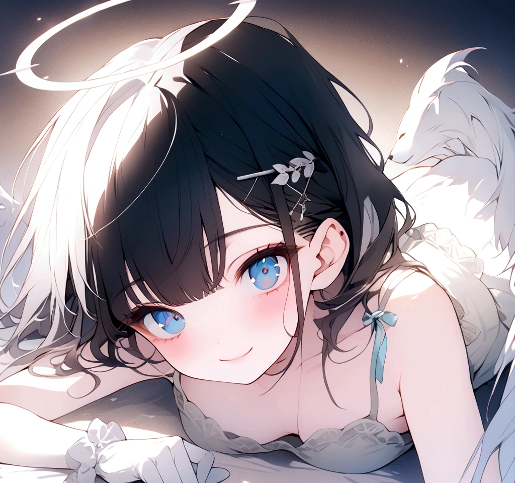 beautiful, masterpiece, Highest quality, anime, One girl, C Cup,Portrait Shot, View your viewers, Intricate details,>,((Covered、Short Hair、nearby、Blue Eyes、art、、White hair,Blue streaked hair、wallpaper、、white_gloves、hairpin、smile、Angel、Thighs、Halo、Wolf Hair、Nipples、lotion、Lying on your back、foot