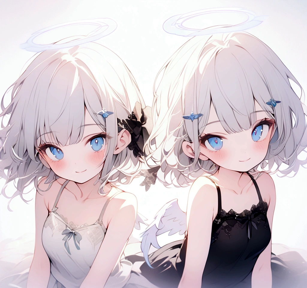 beautiful, masterpiece, Highest quality, anime, One girl, C Cup,Portrait Shot, View your viewers, Intricate details,>,((Covered、Short Hair、nearby、Blue Eyes、art、、White hair,Blue streaked hair、wallpaper、、white_gloves、hairpin、smile、Angel、Thighs、Halo、Wolf Hair、camisole、Nipples、lotion、Lying on your back