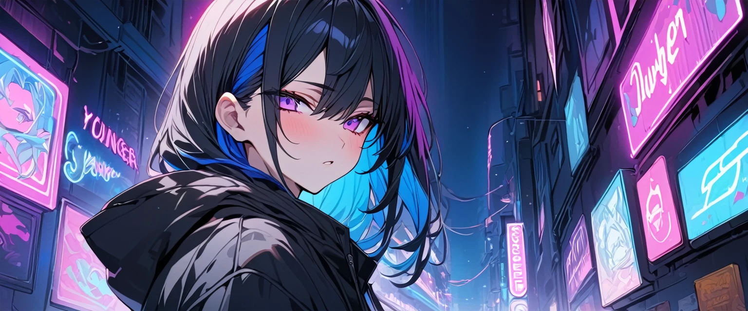 [(CITY BACKGROUND:1.5),::5], ((((masterpiece)))), high quality, ultra very high resolution, full color, (((solo))), ((younger boy)), black hair, ((blue colored inner hair)), ((purple eyes)), anime, neon light, black parka,