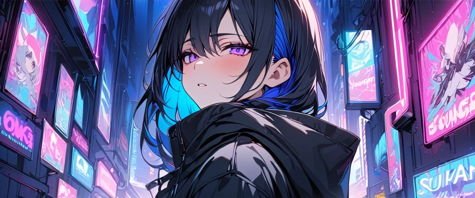 [(CITY BACKGROUND:1.5),::5], ((((masterpiece)))), high quality, ultra very high resolution, full color, (((solo))), ((younger boy)), black hair, ((blue colored inner hair)), ((purple eyes)), anime, neon light, black parka,