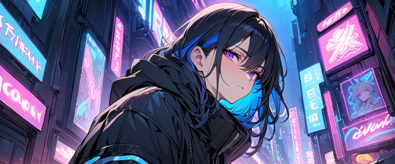 [(CITY BACKGROUND:1.5),::5], ((((masterpiece)))), high quality, ultra very high resolution, full color, (((solo))), ((younger boy)), black hair, ((blue colored inner hair)), ((purple eyes)), anime, neon light, black parka,