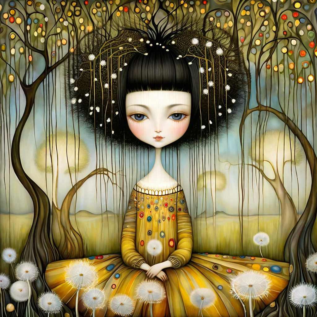 Patchwork by Klimt, Nicoletta Ceccoli, Naoto Hattori, Lawrence Didier, Leonora Carrington of EuropeanA woman with short black hair and a long, wide skirt is sitting under a large weeping willow tree and smiling. Aquilones, white dandelion flowers. intricate patterns and details, photorealistic 8k resolution, masterpiece quality, vivid and vibrant colors, dramatic lighting casting surreal shadows, fantastical and whimsical elements, magical realism ambiance, wide-angle perspective creating optical illusions.