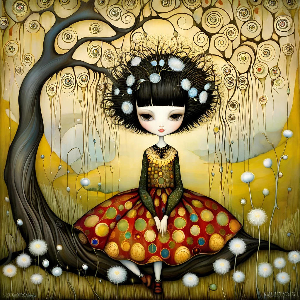 Patchwork by Klimt, Nicoletta Ceccoli, Naoto Hattori, Lawrence Didier, Leonora Carrington of EuropeanA woman with short black hair and a long, wide skirt is sitting under a large weeping willow tree and smiling. Aquilones, white dandelion flowers. intricate patterns and details, photorealistic 8k resolution, masterpiece quality, vivid and vibrant colors, dramatic lighting casting surreal shadows, fantastical and whimsical elements, magical realism ambiance, wide-angle perspective creating optical illusions.