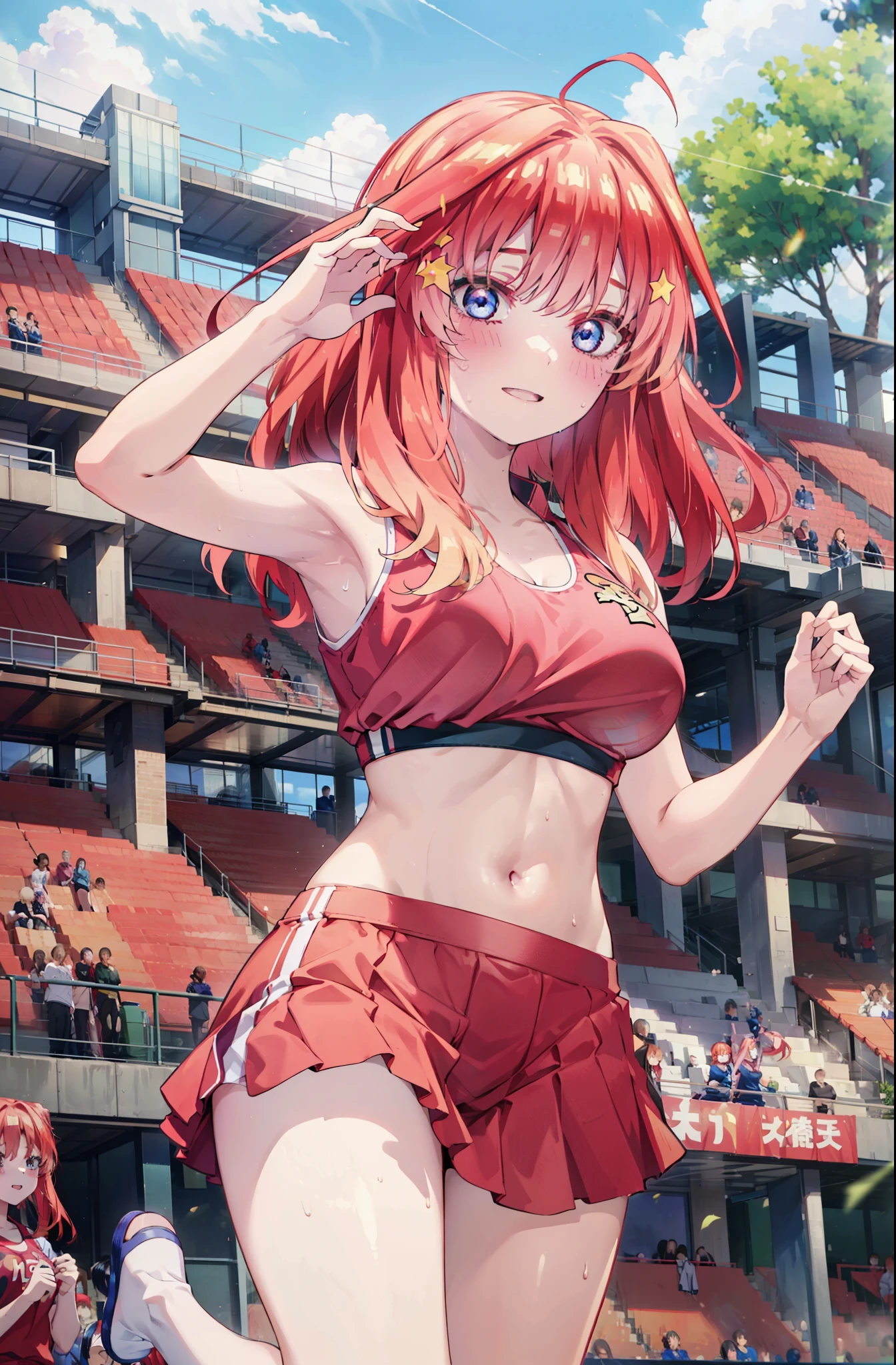 itsukinakano, Itsuki Nakano, bangs, blue eyes, hair between eyes, Ahoge, Redhead, star \(symbol\), happy smile, smile, Open your mouth,hair ornaments, star hair ornaments,(cheer leading), (whole body), Big Breasts, Lower, (Sweaty), Sweaty Wet Clothes (Red clothes),  No sleeve,Belly button support, playground, (Jump), (Jump), 足を曲げてJumpする, air, blue sky, Grass原, smileのチアリーダー, Pom-pom \(cheer leading\), Grass, whole bodyがイラストに入るように,
break outdoors, Stadium,
break looking at viewer, whole body,
break (masterpiece:1.2), Highest quality, High resolution, unity 8k wallpaper, (shape:0.8), (Fine and beautiful eyes:1.6), Highly detailed face, Perfect lighting, Highly detailed CG, (Perfect hands, Perfect Anatomy),