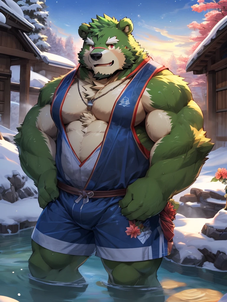 masterpiece, high quality, anime, detailed eyes, male jinpei, anthro, bear, Great physique, strong arms manly, (((green bear))), (((green fur))), green hair, beard, white eyebrows, bald, detailed red eyes, tall, Joyful, by zixiong, onsen, hotspring, snow, forest, outdoor, rock, scenary, steam, (partially submerged), mount fuji, naked, bare body, Entering the open-air bath、hot onsen, water vapour, Night (Illustration: 1.0), epic composition, Realistic lighting, HD details, masutepiece, Best Quality, (extremely detailed CG unified 8k wallpaper), (masterpiece:1.2), (best quality:1.3), shallow_sunset, standing, cowboy_shot, straw_hat, swimsuit, shorts, flower, starfish, 