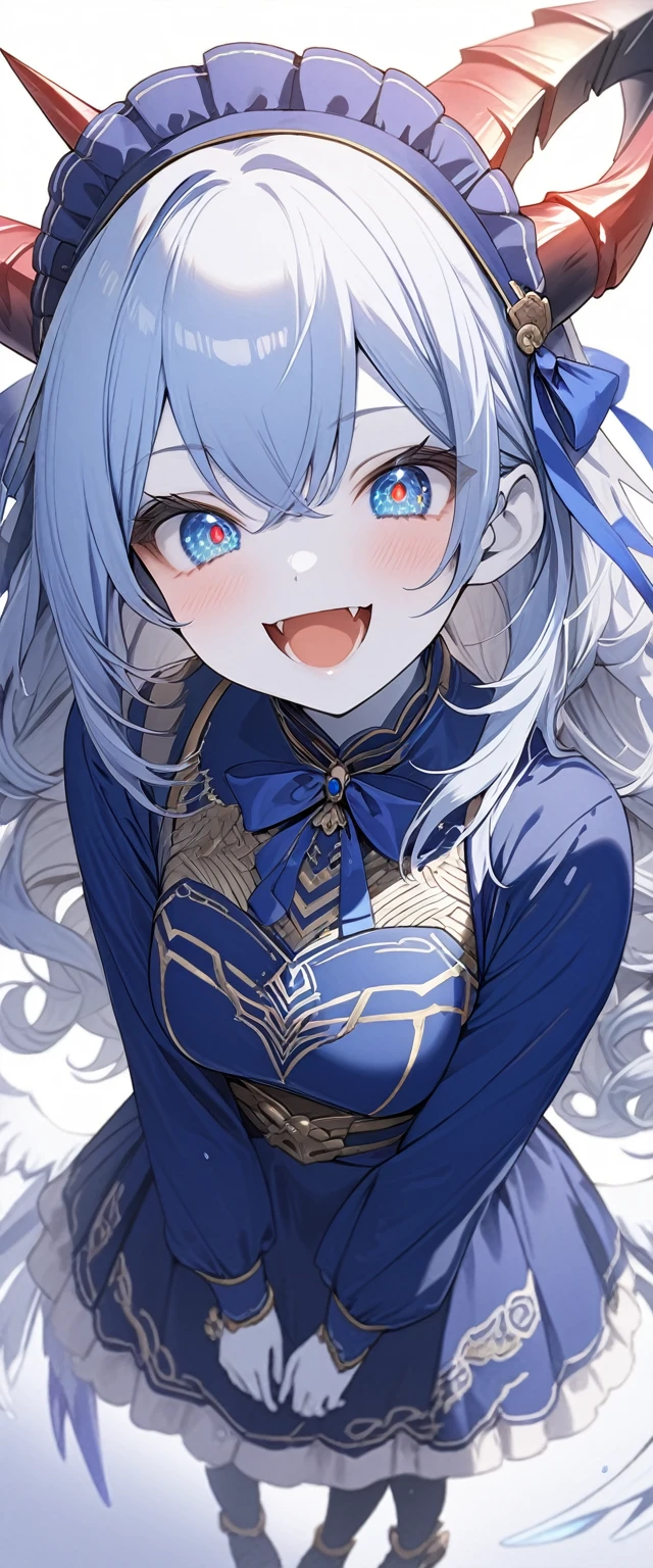 score_9, score_8_up, score_7_up, best quality ,masterpiece, 4k, Japanese anime, 1girl, (white skin:1.2), navy blue hair, medium length hair, blue ribbon, drill hair, wavy hair, (mechanical dragonhorn:1.5), (mechanical wing:1.2), (eye lashes:1.3), (eye shadow:1.3), blue eyes, (beautiful detailed eyes:1.4), laugh, 130cm tall, original character, fantasy, (white background:1.2), (full body:1.8), beautiful fingers, standing, (blue black lace frill armor dress:1.5), (mechanical headdress:1.5) , shoot from front, looking at viewer ,