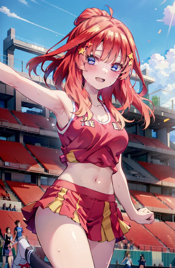 itsukinakano, Itsuki Nakano, bangs, blue eyes, hair between eyes, Ahoge, Redhead, star \(symbol\), happy smile, smile, Open your mouth,hair ornaments, star hair ornaments,(cheer leading), (whole body), Big Breasts, Lower, (Sweaty), Sweaty Wet Clothes (Red clothes), No sleeve,Belly button support, playground, (Jump), (Jump), 足を曲げてJumpする, air, blue sky, Grass原, smileのチアリーダー, Pom-pom \(cheer leading\), Grass, whole bodyがイラストに入るように,
break outdoors, Stadium,
break looking at viewer, whole body,
break (masterpiece:1.2), Highest quality, High resolution, unity 8k wallpaper, (shape:0.8), (Fine and beautiful eyes:1.6), Highly detailed face, Perfect lighting, Highly detailed CG, (Perfect hands, Perfect Anatomy),