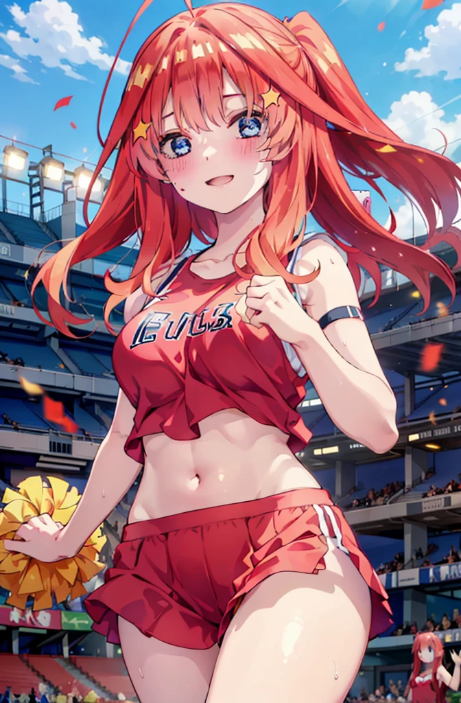 itsukinakano, Itsuki Nakano, bangs, blue eyes, hair between eyes, Ahoge, Redhead, star \(symbol\), happy smile, smile, Open your mouth,hair ornaments, star hair ornaments,(cheer leading), (whole body), Big Breasts, Lower, (Sweaty), Sweaty Wet Clothes (Red clothes),  No sleeve,Belly button support, playground, (Jump), (Jump), 足を曲げてJumpする, air, blue sky, Grass原, smileのチアリーダー, Pom-pom \(cheer leading\), Grass, whole bodyがイラストに入るように,
break outdoors, Stadium,
break looking at viewer, whole body,
break (masterpiece:1.2), Highest quality, High resolution, unity 8k wallpaper, (shape:0.8), (Fine and beautiful eyes:1.6), Highly detailed face, Perfect lighting, Highly detailed CG, (Perfect hands, Perfect Anatomy),