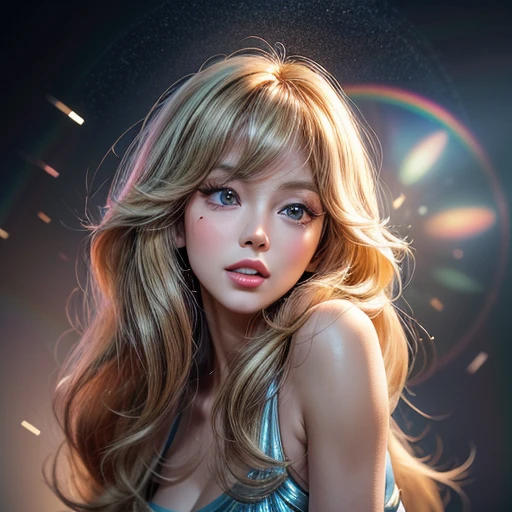 NSFW, 8k, High-level, absurd, masterpiece, best quality, primitive, very detailed CG, very detailed wallpaper, perfect lighting, Extremely detailed ((( personifying " Farrah Fawcett Majors " as a Little Girl))), MysticSight, Tyndall effect, Tyndall scattering, (Studio gray background with (Overflowing oodles Dazzling RainbowColorParticles (BokeH))), (RoundlyButts, ThighGap), (Exposed:0.4), (Assfocus with looking ahead) BREAK  (Acutance:0.88), (NOGIZAKA face variations) Extremely Detailed very KAWAII face variations, perfect anatomy, Childish, CaptivatingGaze ElaboratePupils detailed Eyes with (sparkling highlights:1.28), (Voluminous LongEyelashes、GlossyRED Lips with beautiful details, RosyCheeks, Radiant PearlSkin with Transparency . { (Dynamic LifeLike expressions:1.4) | :d) }, (large eyes:-1) .