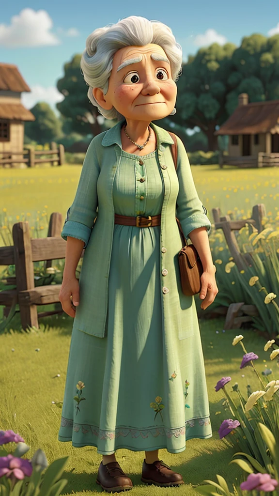 an old grandmother is grieving, she is wearing shabby clothes against the background of a green field and there is a towering phoron.