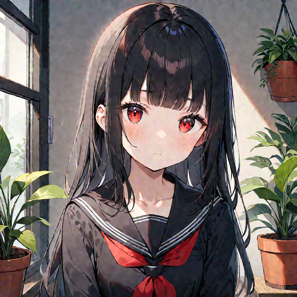 1girl, solo, , black hair, red eyes, looking at viewer, serafuku, bangs, plant, long hair, indoors, black serafuku, upper body, sailor collar, closed mouth, neckerchief, blunt bangs, red neckerchief, black sailor collar, potted plant, collarbone