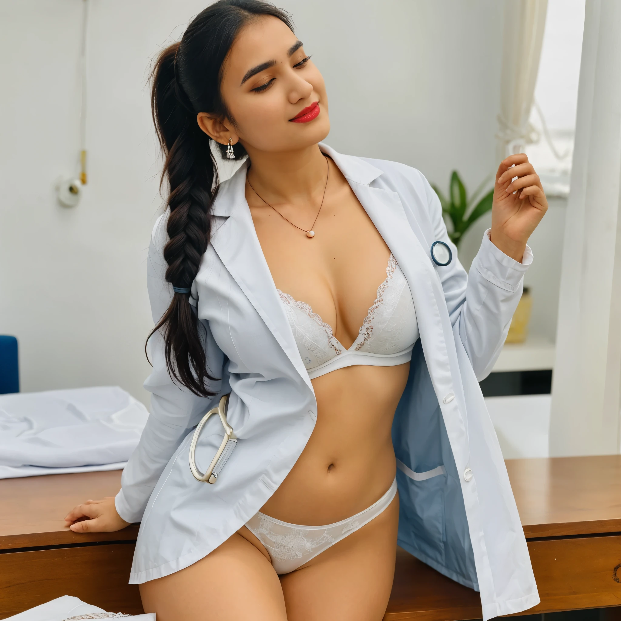 extreme close up photo of 25 years old qmadhu as a doctor wearing stethoscope with white doctor scout jacket on blue lace lingerie in hospital, hourglass figure, swooping breasts, deep cleavage, erotic standing hold onto a table with wide open spread legs, seductive eyes, sultry, look at viewer lusciously, subtle smile, red lips, ponytail, necklace, 4K, HD