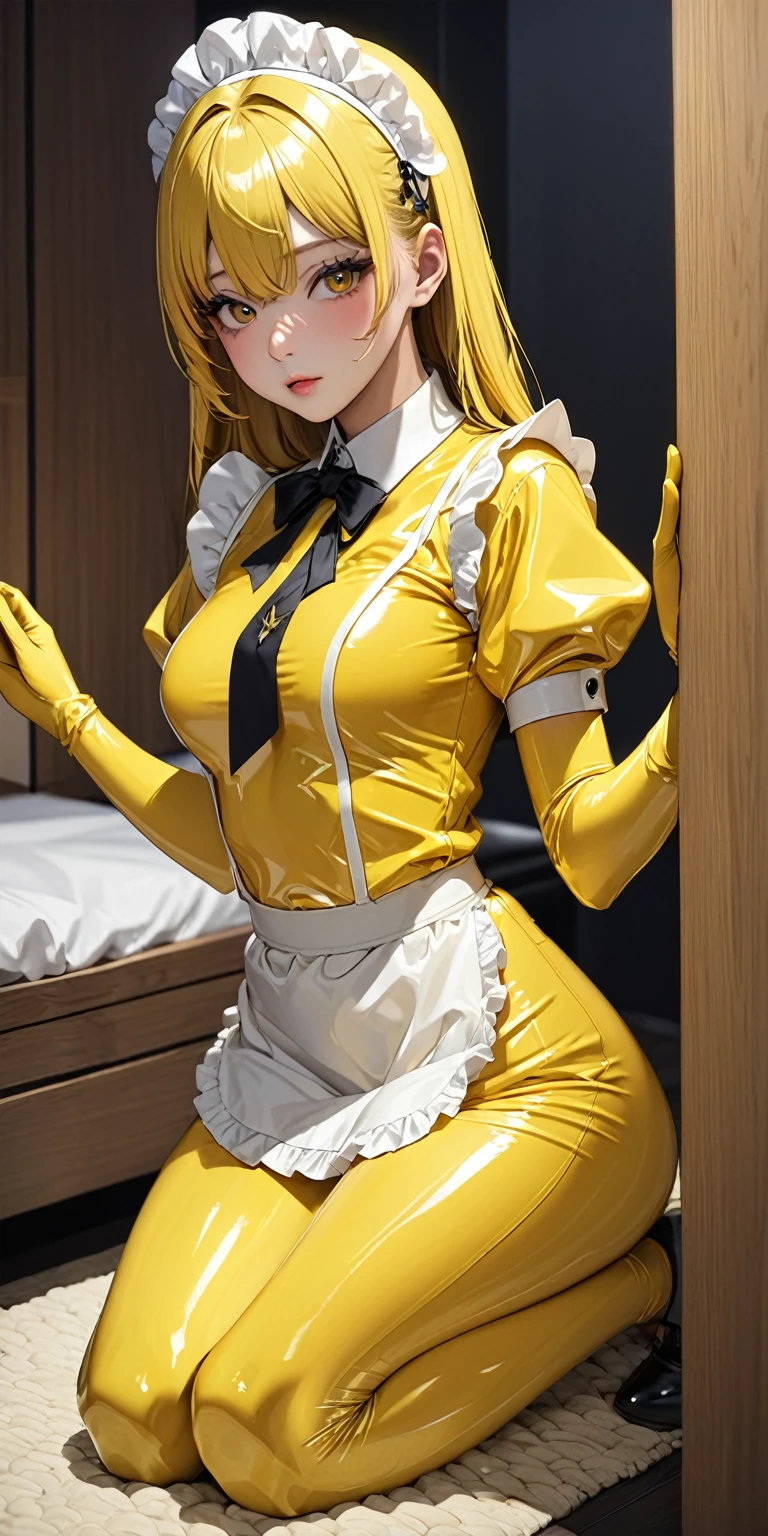 (masterpiece,Highest quality,超A high resolution),Japanese women, (((Very beautiful 25 year old girl))),(Yellow latex maid outfit)、Yellow latex long skirt、(Yellow latex long sleeve shirt)、Yellow latex long gloves、Yellow latex socks、The clothes fit snugly to the body、Latex is very shiny、Dark Room