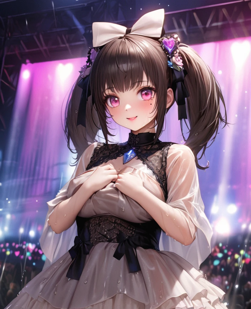 One Girl、Looking at the audience、lovely,
Beautiful pink eyes、short twin tail hair , Mole under the eye、Plump and glossy lips、Heart-shaped choca、Idol、Her name is Rico,smile、ー、。.。.。.。.。.。.。.。.。.。.。.。.。.。.。.。.。.。.3D、Realistic、
The idol's costume was soaked in the heavy rain, and her chest was wet and transparent.Heavy rain at outdoor concert, Drape clothes、gem、The decoration has been removed、Floral、Lace trim,On a glittering stage、
masterpiece、highest quality、8k、Detailed skin texture、Detailed cloth texture、Beautifully detailed face、Intricate details、Very detailed、
超A high resolution、8k Ultra HD、Film Grain、Best Shadow、delicate、Gazing at the audience、front